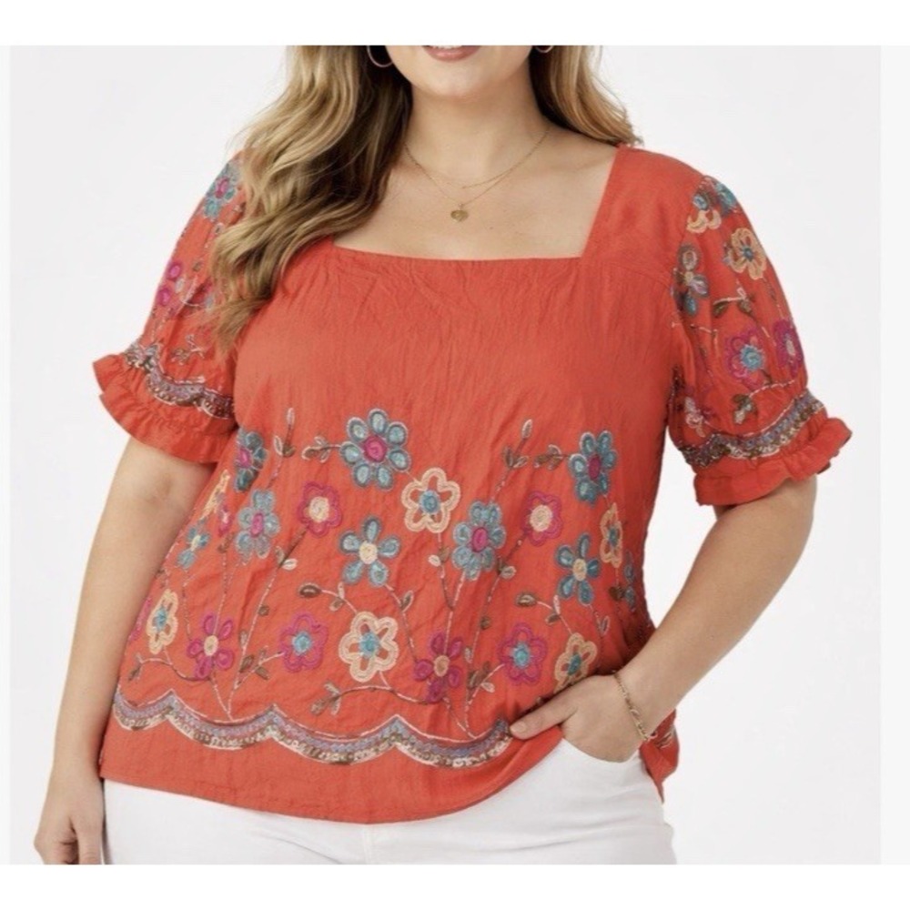 Parami Design Womens Boho Embroidered Top‎ Size 2X Orange Floral Sequin Blouse